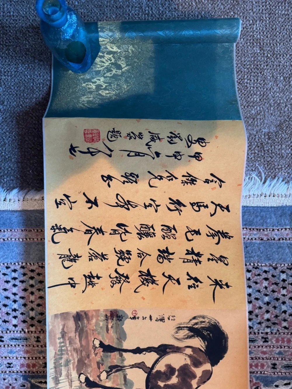 Traditional Horse Scroll Wall Art in Tan and Blue-Green by